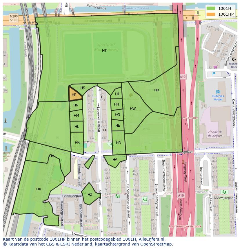 Afbeelding van het postcodegebied 1061 HP op de kaart.