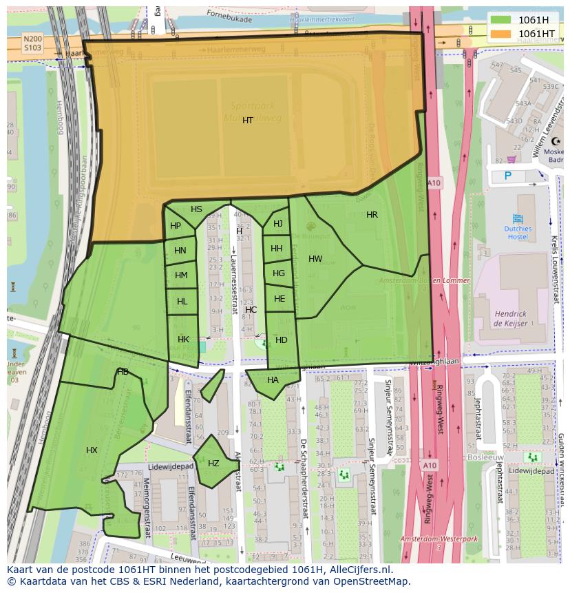Afbeelding van het postcodegebied 1061 HT op de kaart.