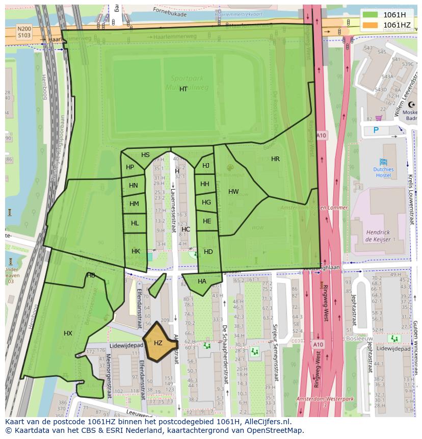 Afbeelding van het postcodegebied 1061 HZ op de kaart.
