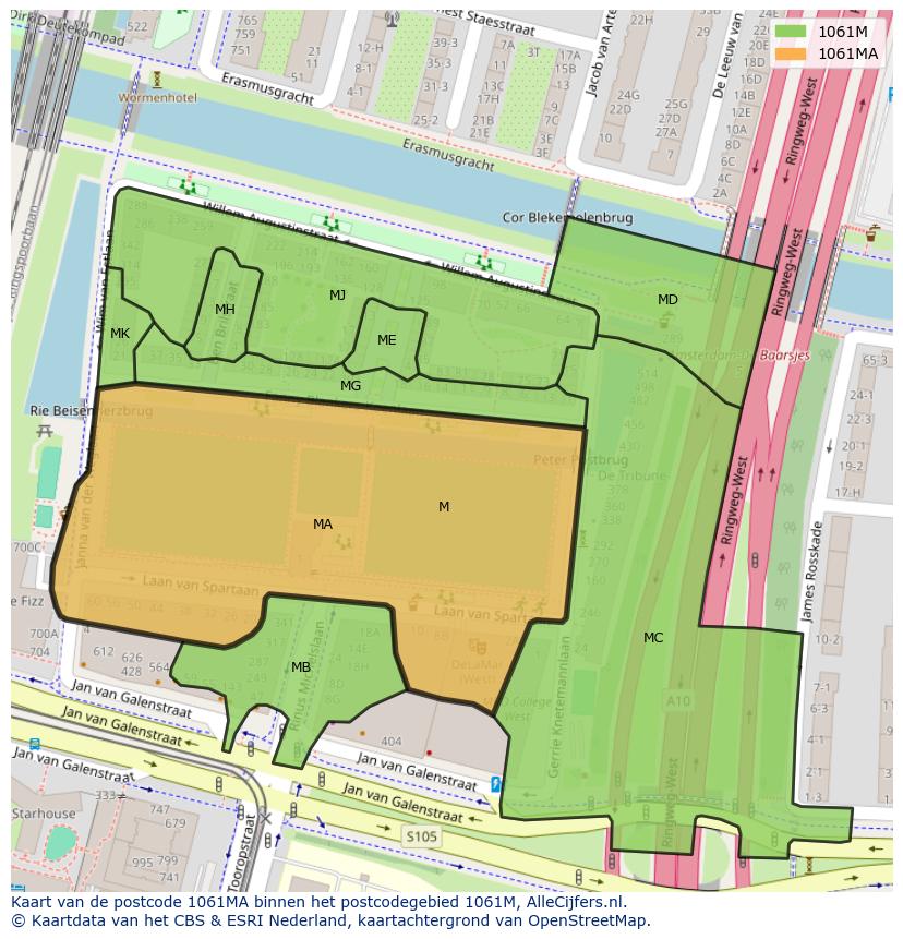 Afbeelding van het postcodegebied 1061 MA op de kaart.