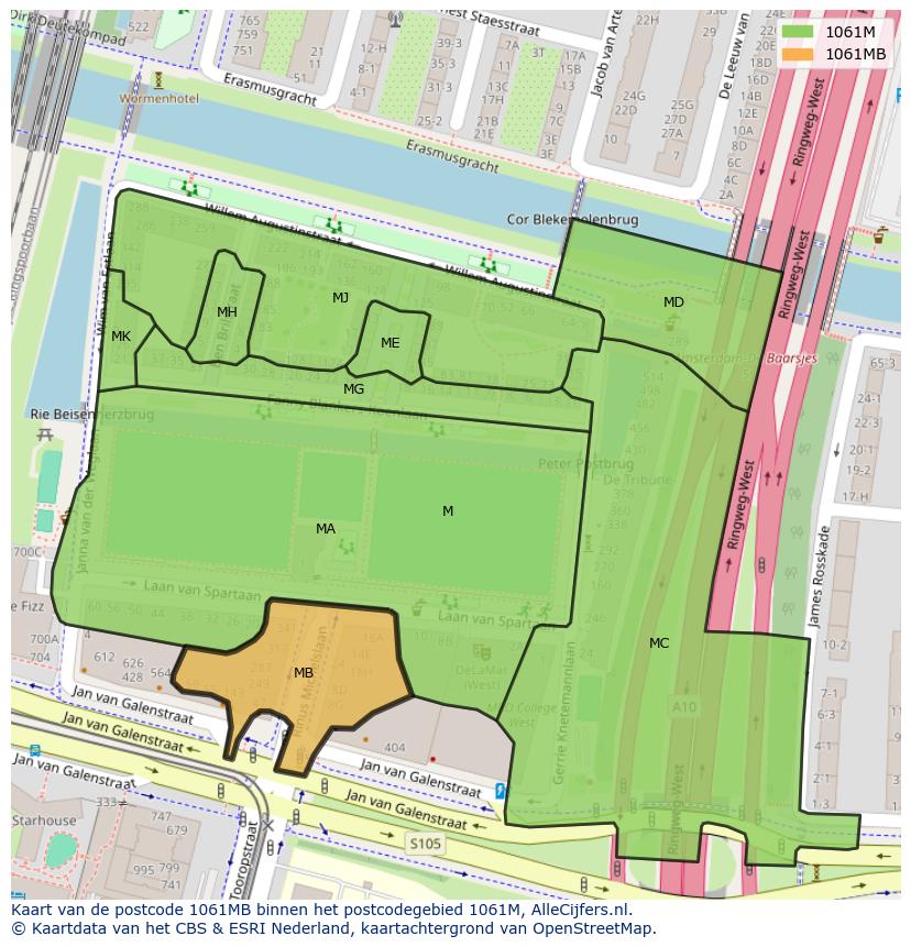 Afbeelding van het postcodegebied 1061 MB op de kaart.