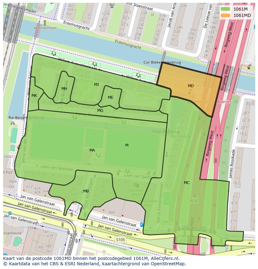 Afbeelding van het postcodegebied 1061 MD op de kaart.