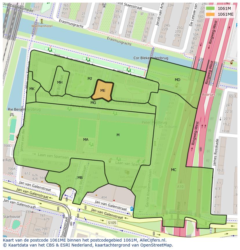 Afbeelding van het postcodegebied 1061 ME op de kaart.