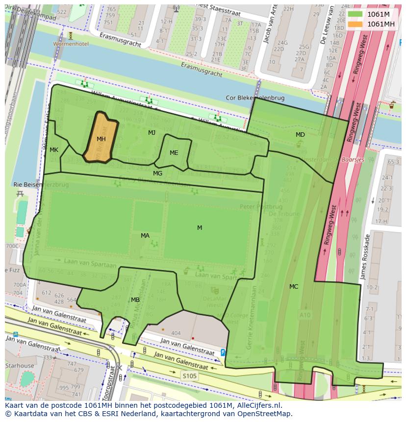 Afbeelding van het postcodegebied 1061 MH op de kaart.