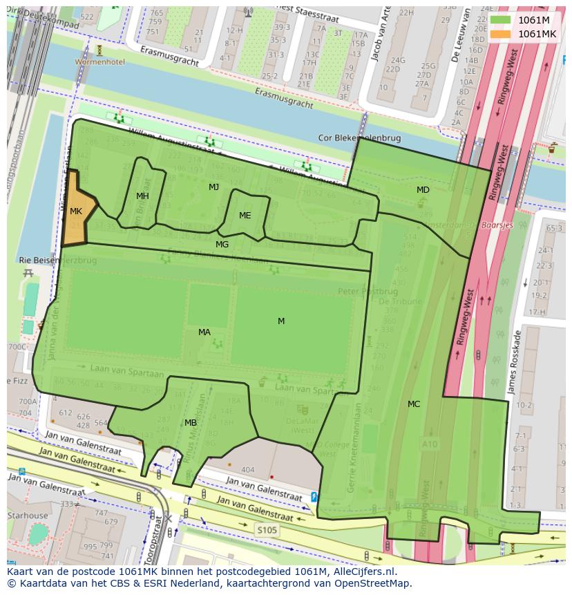 Afbeelding van het postcodegebied 1061 MK op de kaart.
