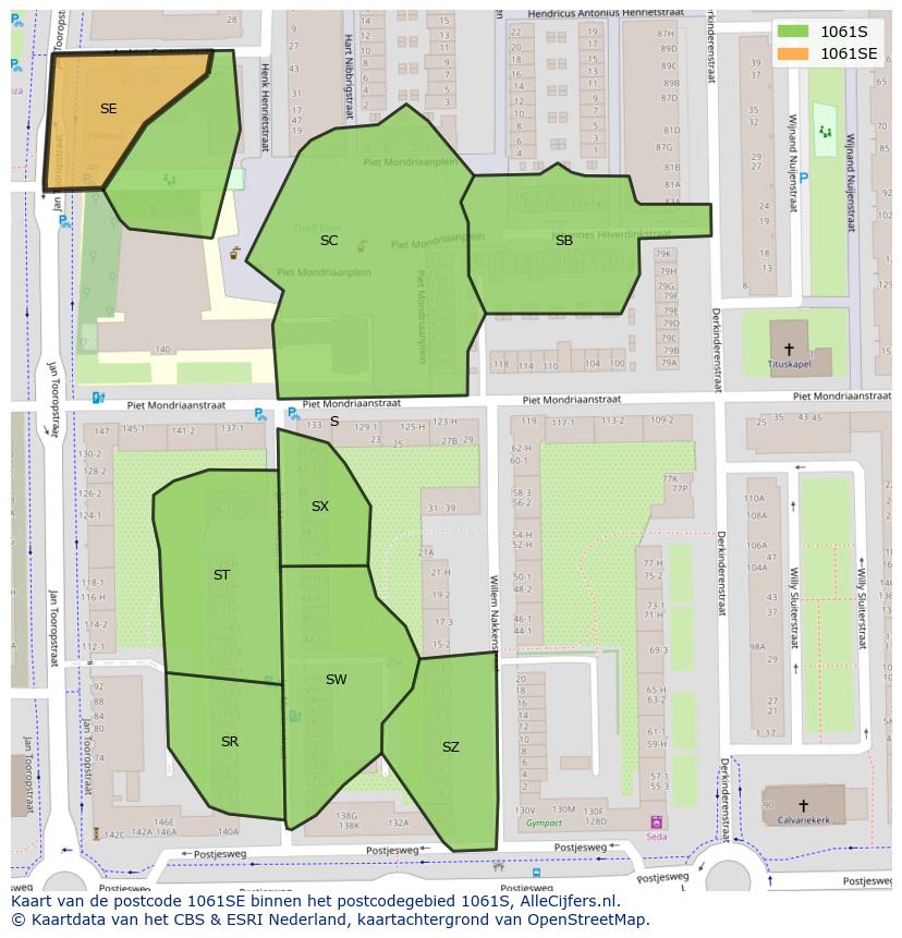 Afbeelding van het postcodegebied 1061 SE op de kaart.
