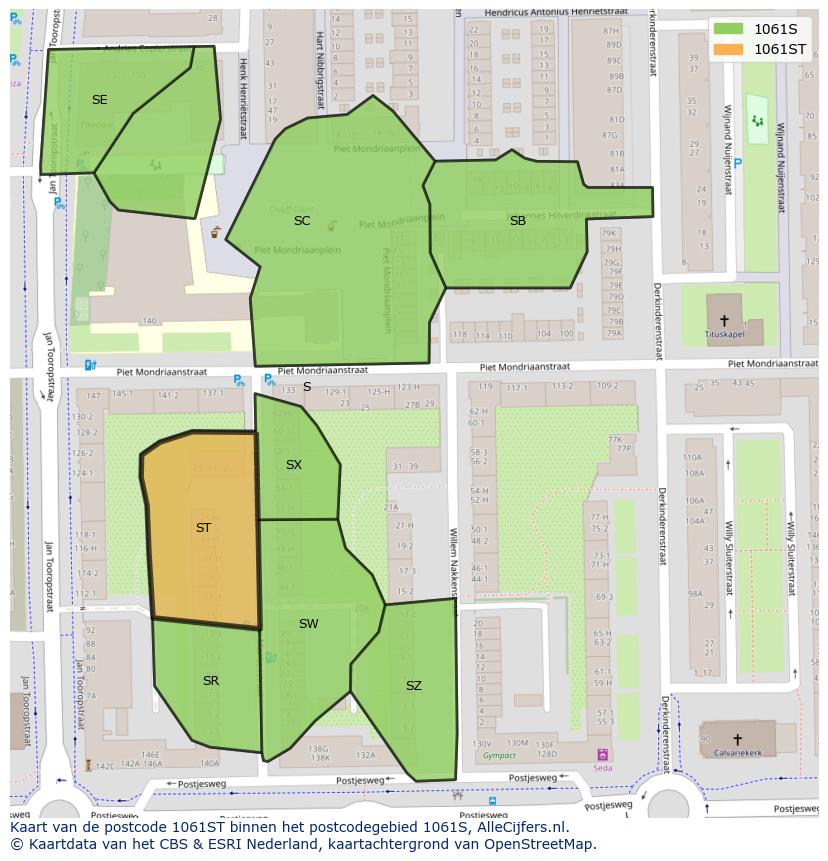 Afbeelding van het postcodegebied 1061 ST op de kaart.