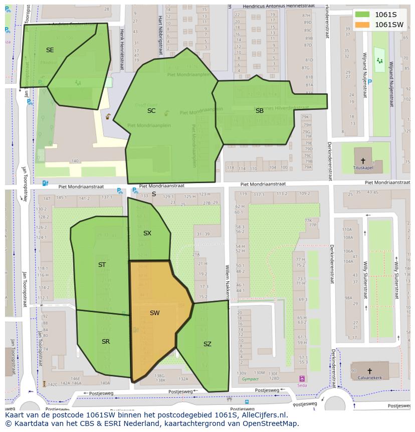Afbeelding van het postcodegebied 1061 SW op de kaart.