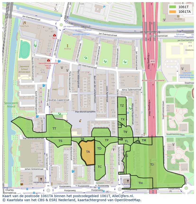 Afbeelding van het postcodegebied 1061 TA op de kaart.