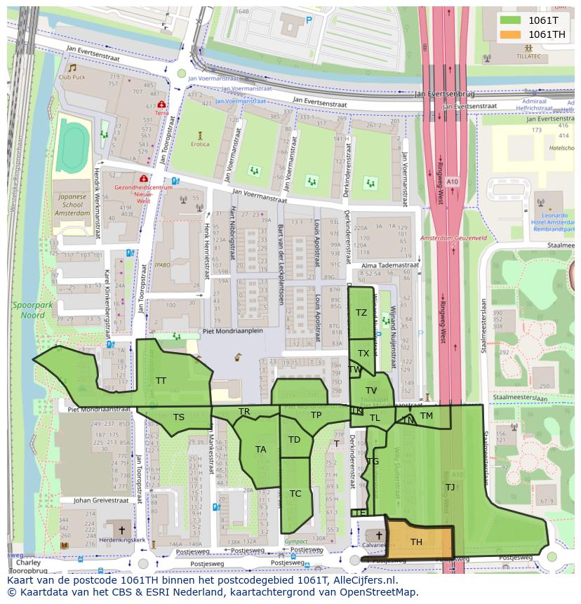 Afbeelding van het postcodegebied 1061 TH op de kaart.
