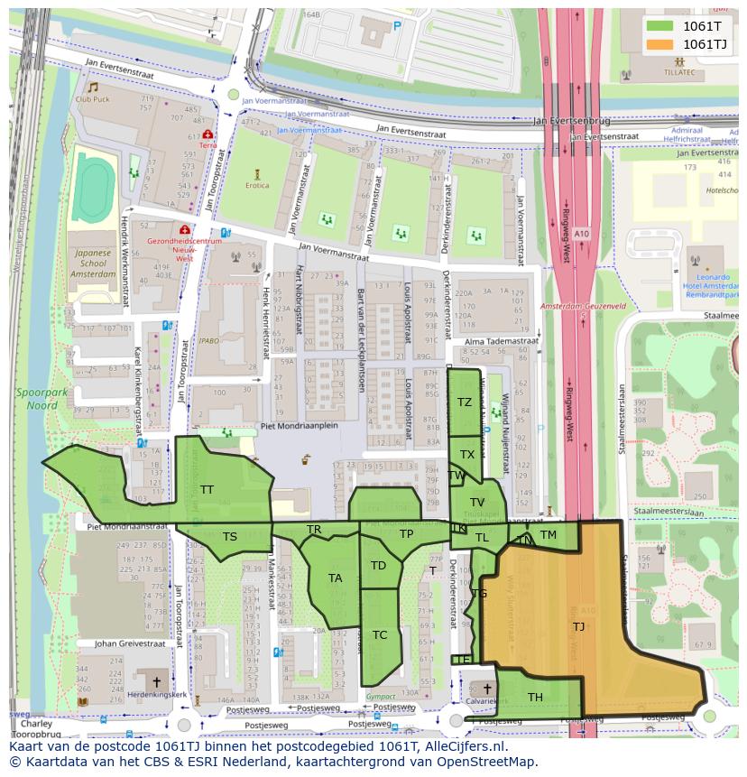 Afbeelding van het postcodegebied 1061 TJ op de kaart.