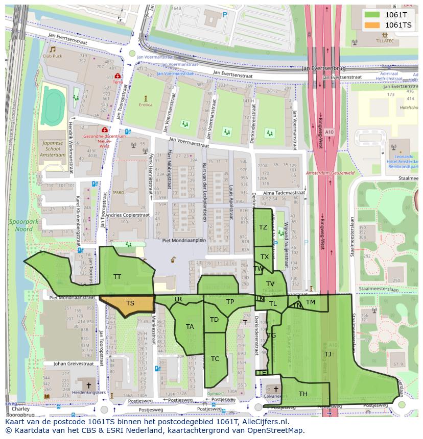 Afbeelding van het postcodegebied 1061 TS op de kaart.