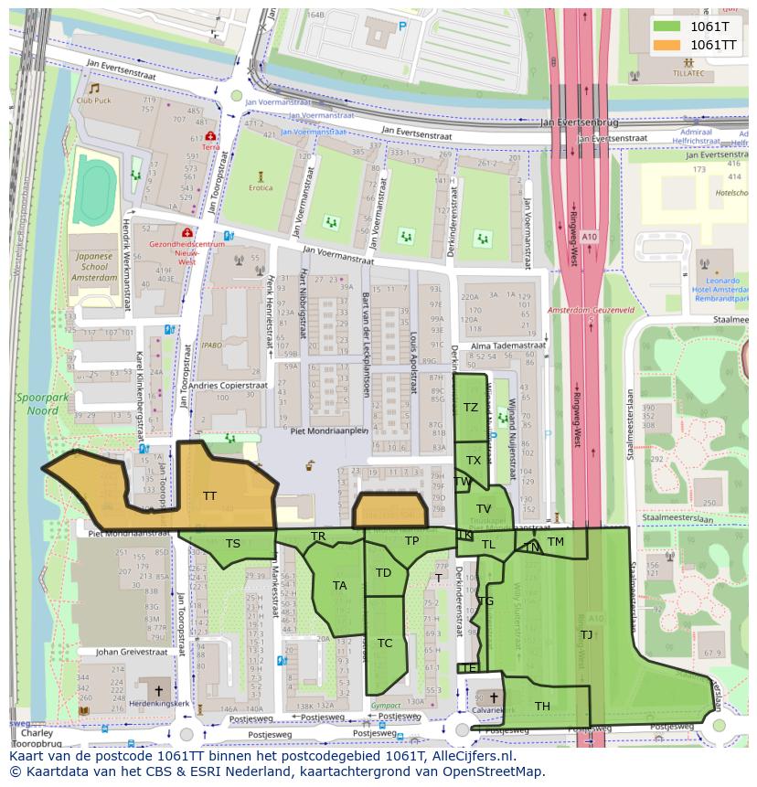 Afbeelding van het postcodegebied 1061 TT op de kaart.