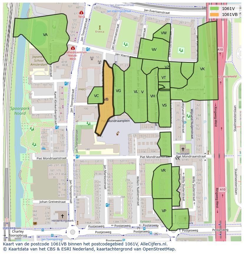 Afbeelding van het postcodegebied 1061 VB op de kaart.