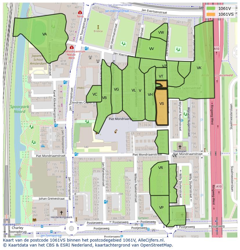 Afbeelding van het postcodegebied 1061 VS op de kaart.
