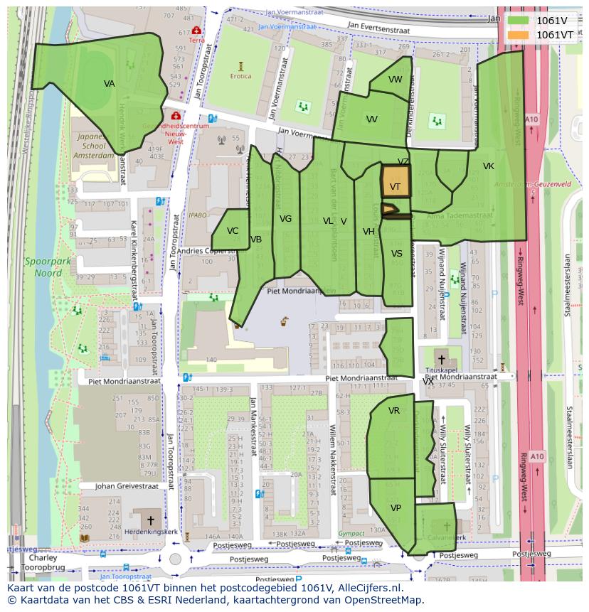 Afbeelding van het postcodegebied 1061 VT op de kaart.