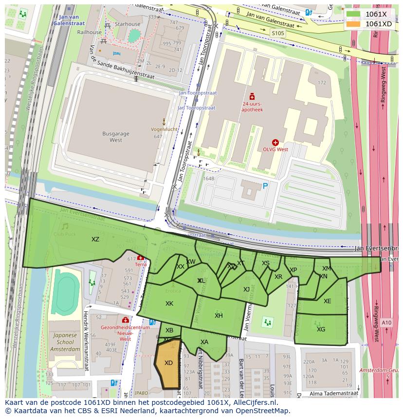 Afbeelding van het postcodegebied 1061 XD op de kaart.