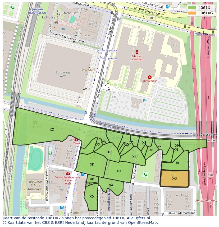 Afbeelding van het postcodegebied 1061 XG op de kaart.