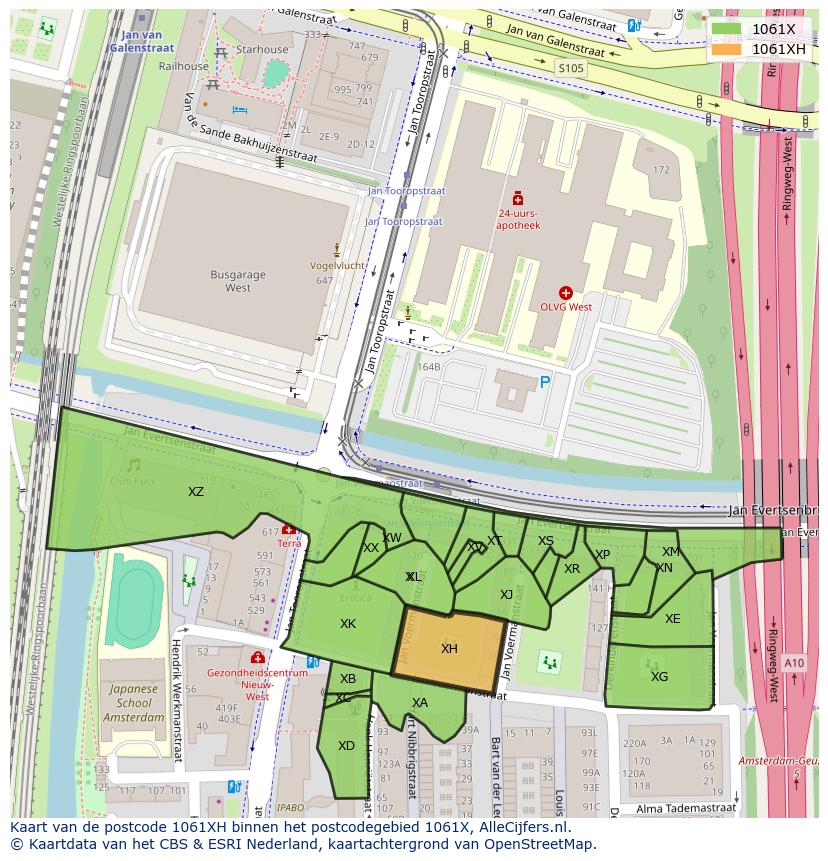 Afbeelding van het postcodegebied 1061 XH op de kaart.