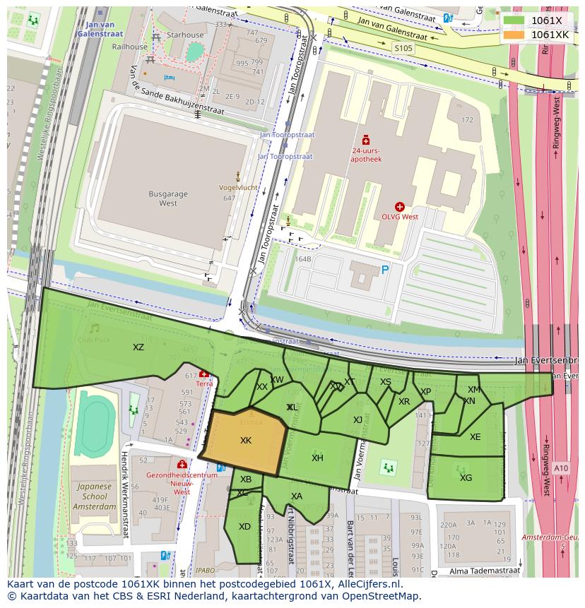 Afbeelding van het postcodegebied 1061 XK op de kaart.