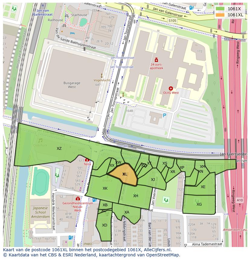 Afbeelding van het postcodegebied 1061 XL op de kaart.