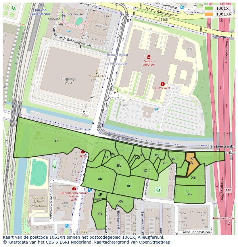 Afbeelding van het postcodegebied 1061 XN op de kaart.