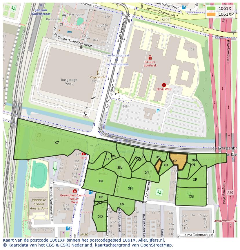 Afbeelding van het postcodegebied 1061 XP op de kaart.