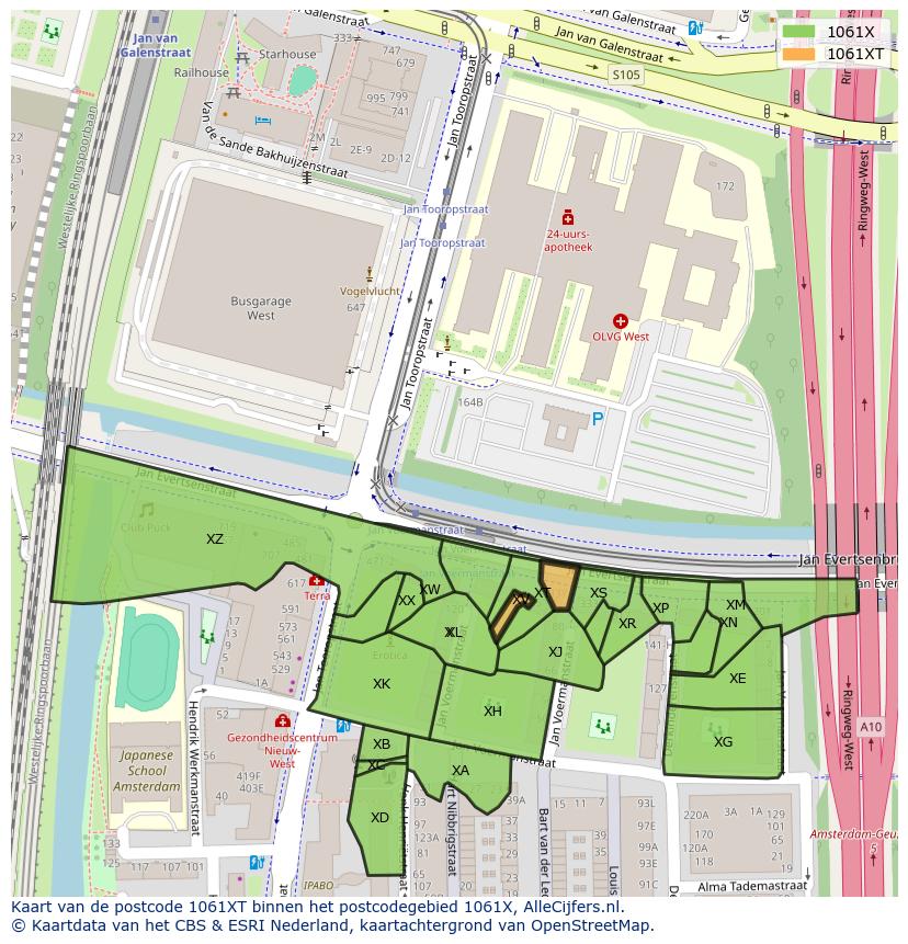Afbeelding van het postcodegebied 1061 XT op de kaart.