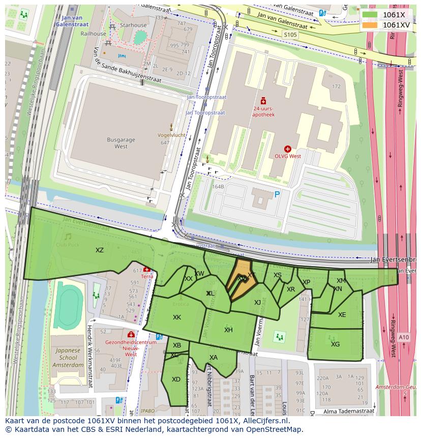 Afbeelding van het postcodegebied 1061 XV op de kaart.