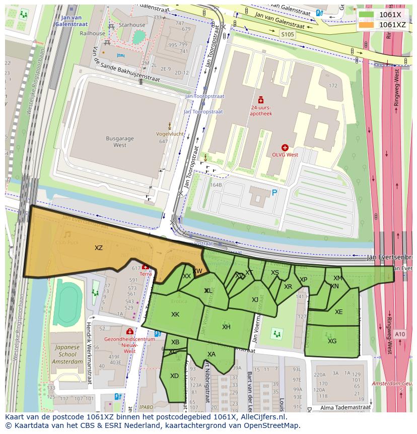 Afbeelding van het postcodegebied 1061 XZ op de kaart.