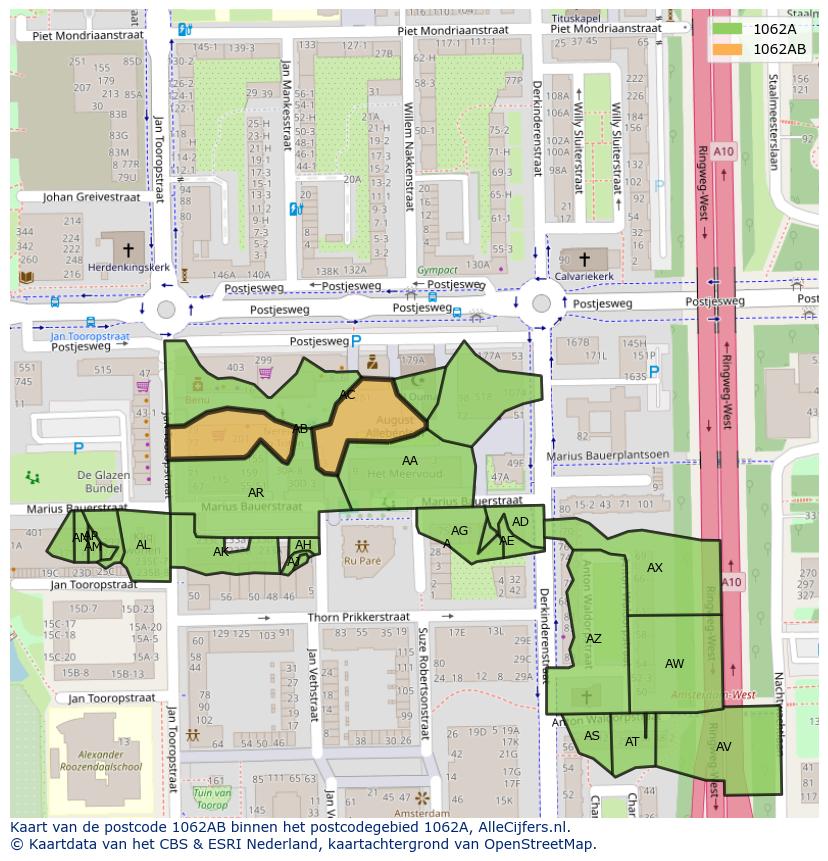 Afbeelding van het postcodegebied 1062 AB op de kaart.