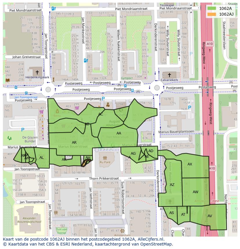 Afbeelding van het postcodegebied 1062 AJ op de kaart.