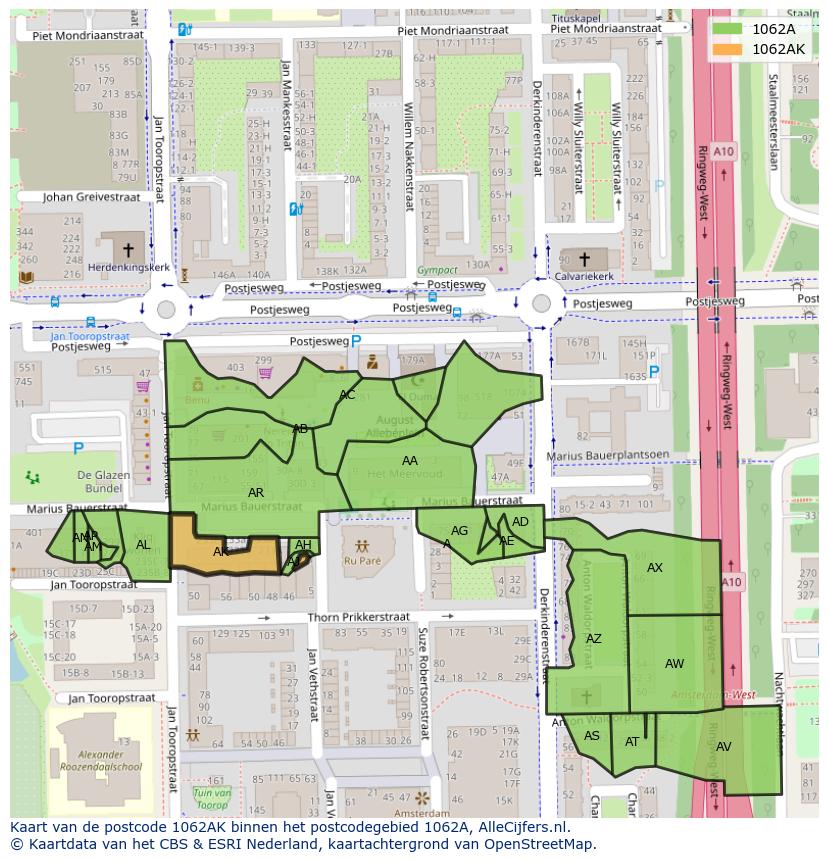 Afbeelding van het postcodegebied 1062 AK op de kaart.