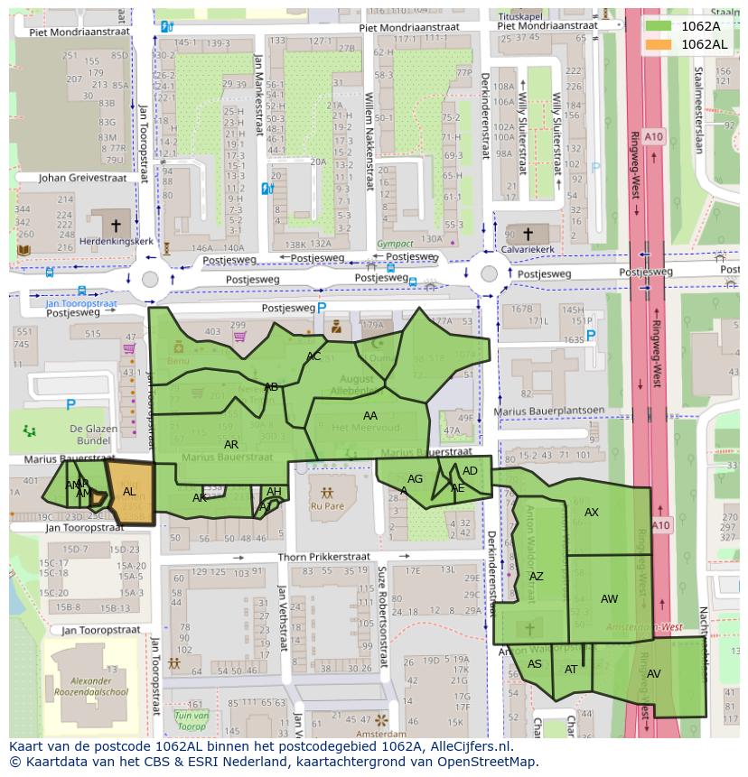Afbeelding van het postcodegebied 1062 AL op de kaart.
