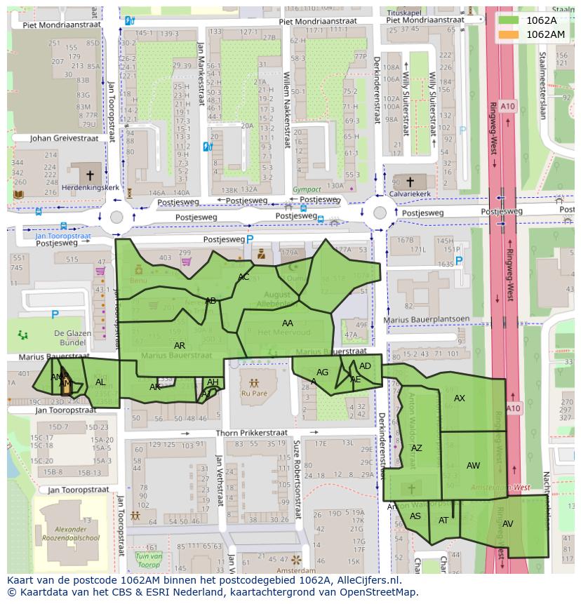 Afbeelding van het postcodegebied 1062 AM op de kaart.