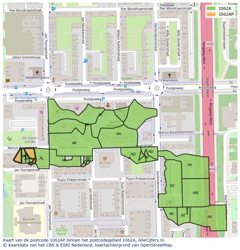 Afbeelding van het postcodegebied 1062 AP op de kaart.