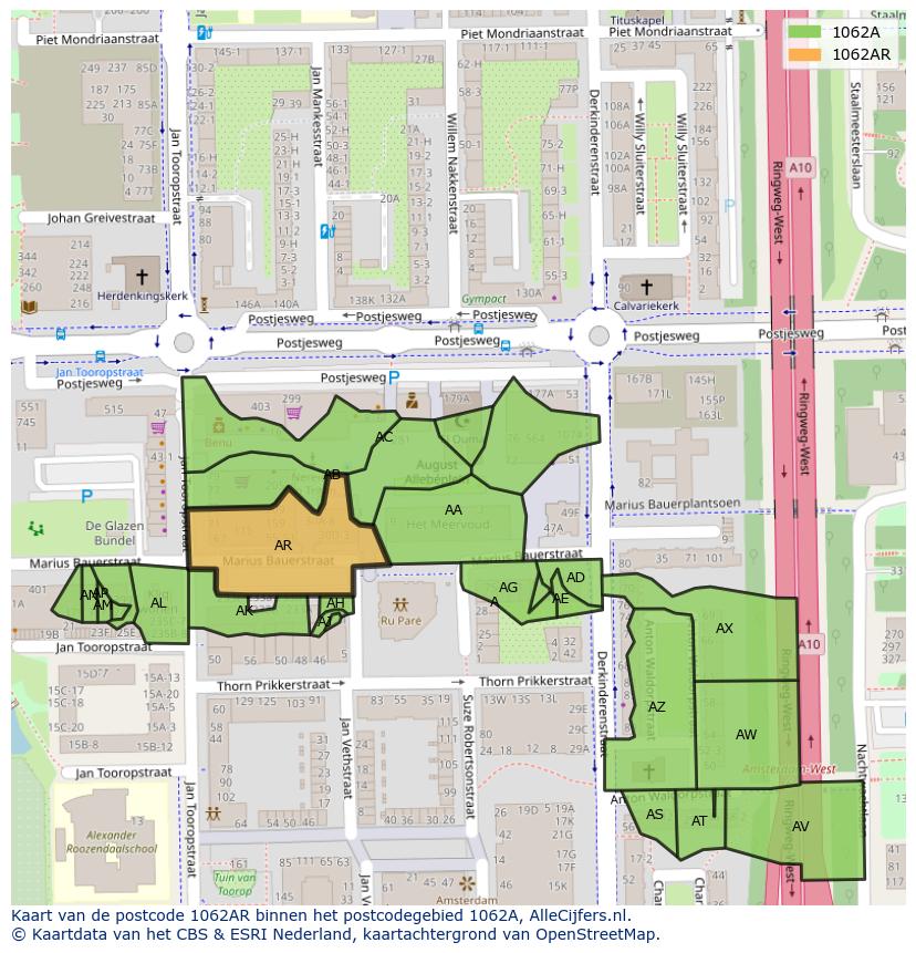 Afbeelding van het postcodegebied 1062 AR op de kaart.