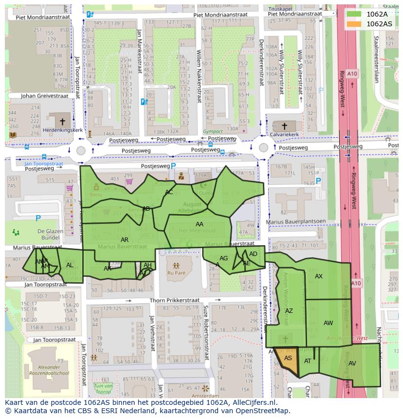 Afbeelding van het postcodegebied 1062 AS op de kaart.