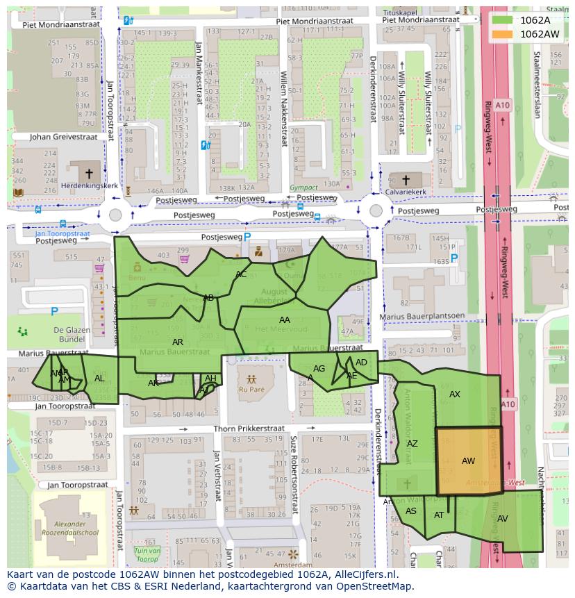 Afbeelding van het postcodegebied 1062 AW op de kaart.