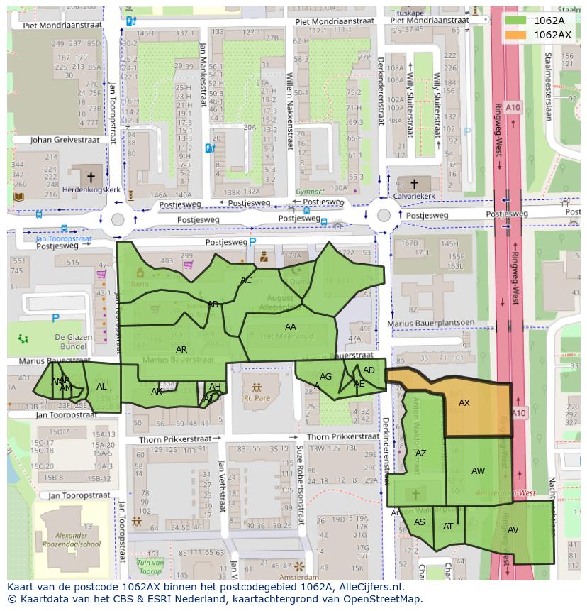 Afbeelding van het postcodegebied 1062 AX op de kaart.