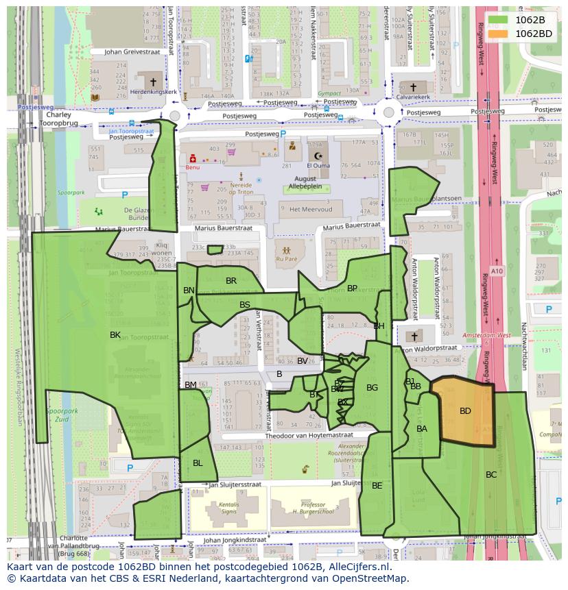 Afbeelding van het postcodegebied 1062 BD op de kaart.