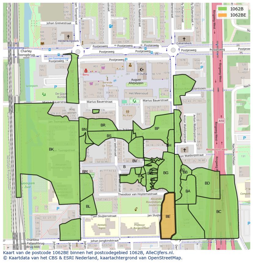 Afbeelding van het postcodegebied 1062 BE op de kaart.