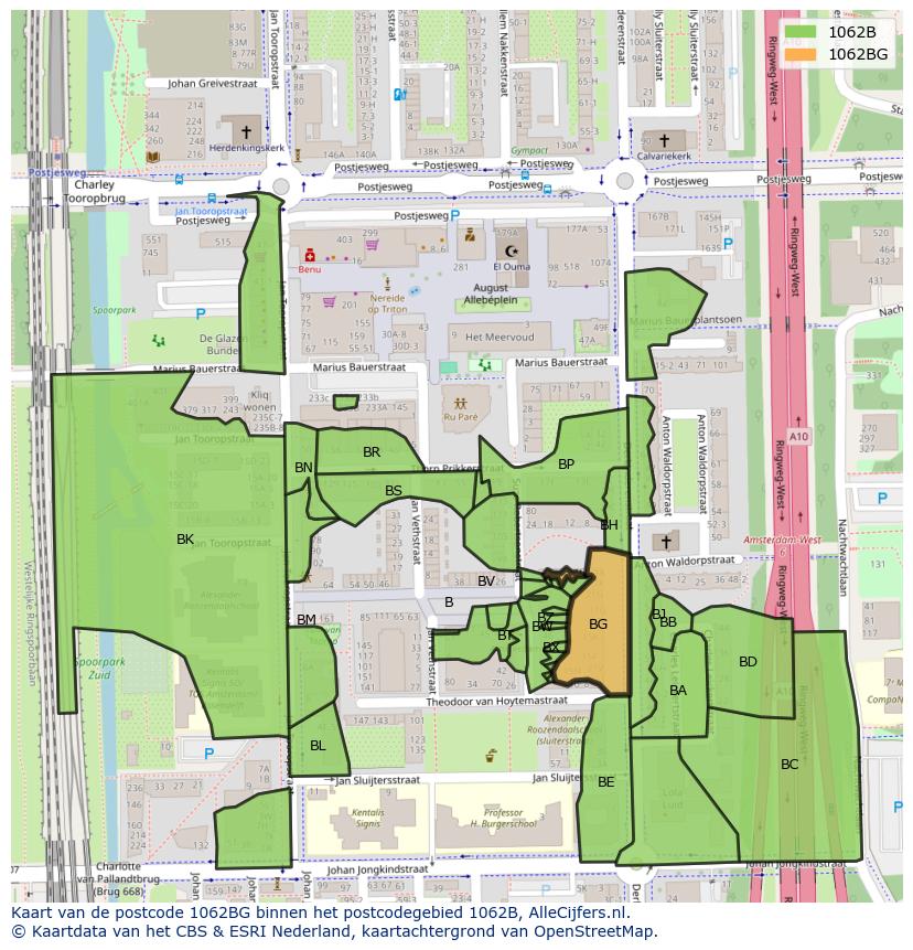 Afbeelding van het postcodegebied 1062 BG op de kaart.