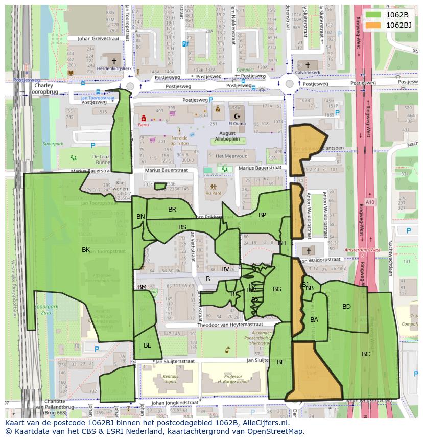 Afbeelding van het postcodegebied 1062 BJ op de kaart.