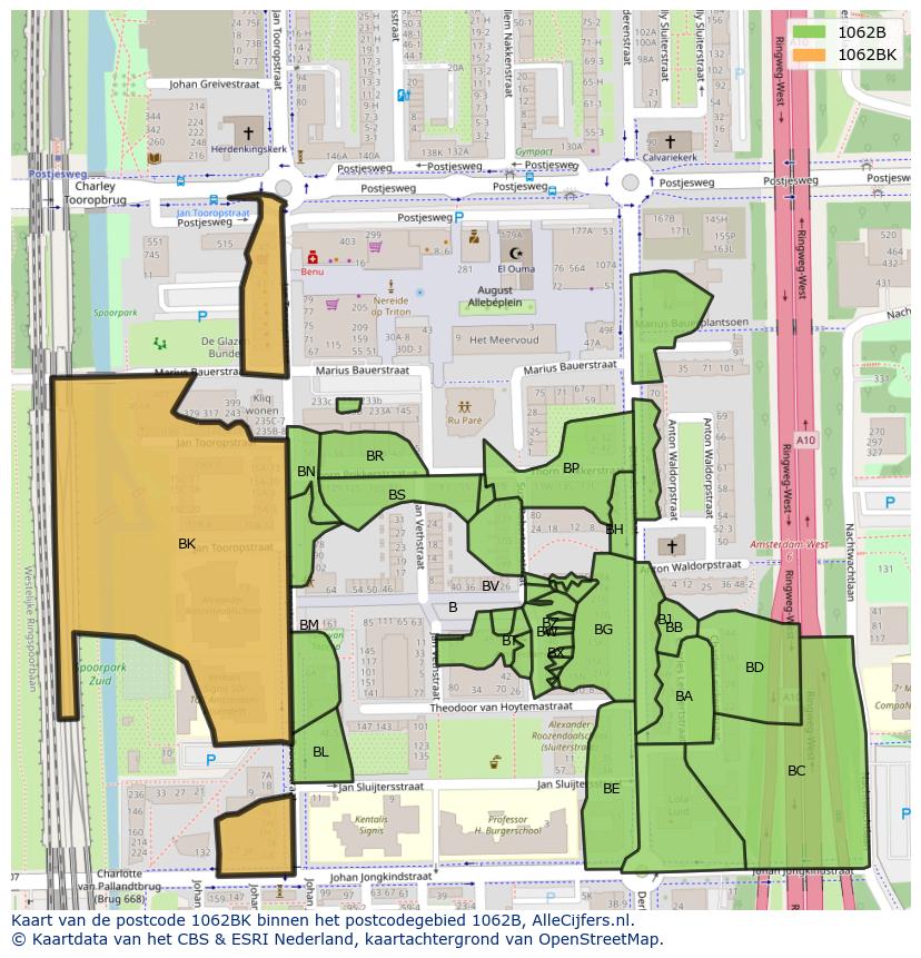 Afbeelding van het postcodegebied 1062 BK op de kaart.