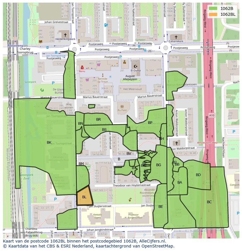Afbeelding van het postcodegebied 1062 BL op de kaart.
