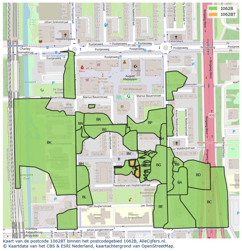 Afbeelding van het postcodegebied 1062 BT op de kaart.
