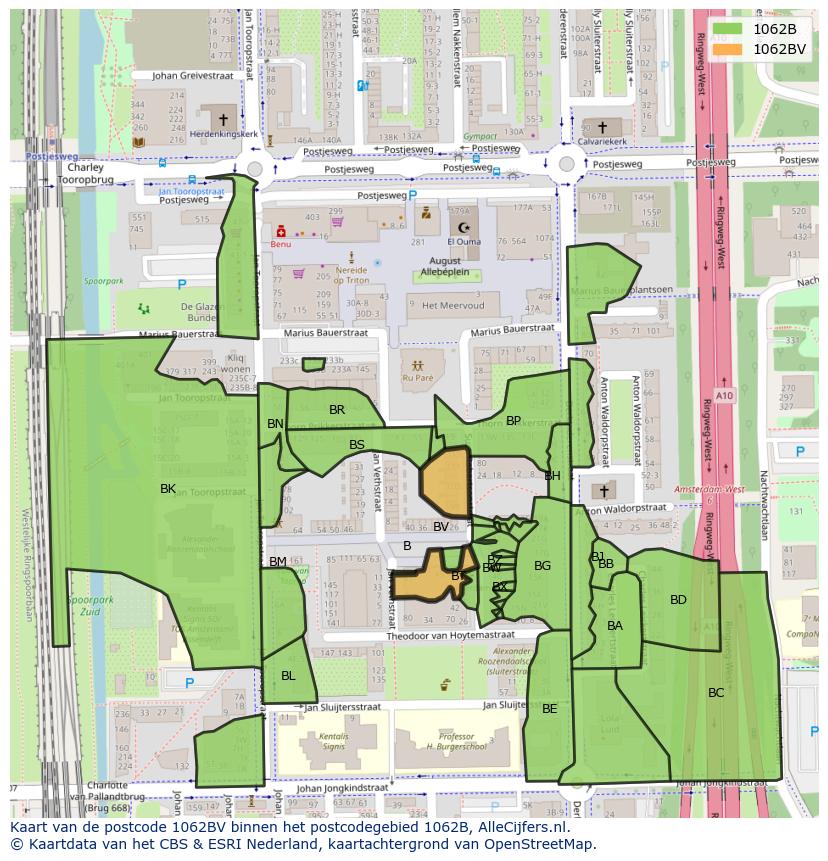 Afbeelding van het postcodegebied 1062 BV op de kaart.