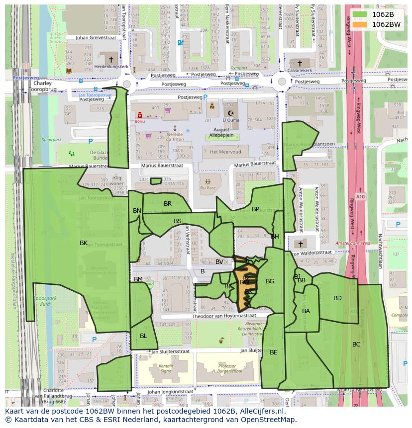 Afbeelding van het postcodegebied 1062 BW op de kaart.