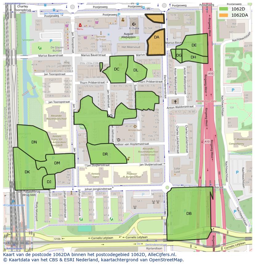 Afbeelding van het postcodegebied 1062 DA op de kaart.